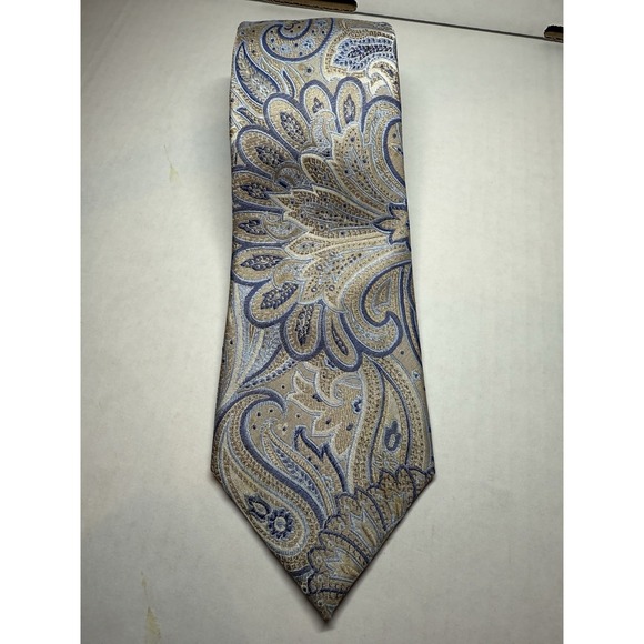 COUNTESS MARA Men's 100% Silk Tie Designer Silver Blue Paisley XL 63.25"x3.25" - Picture 1 of 5